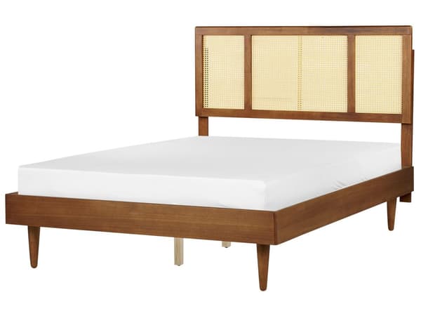 Seng lyst gummitræ 140 x 200 cm LED-lys rattan med hovedgærde wienerflet sengegavl rustik minimalistisk stil