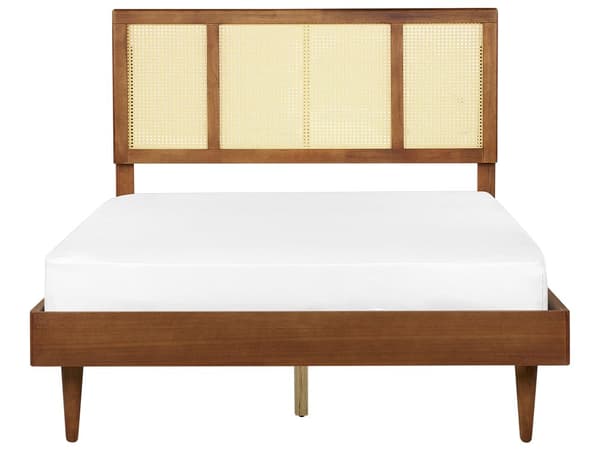 Seng i lyst gummitræ 140 x 200 cm med hovedgærde med wienerflettet lamelbund i rattan rustik minimalistisk stil
