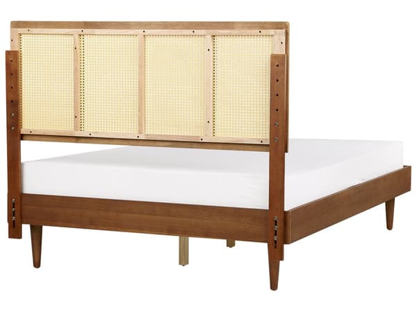 Seng i lyst gummitræ 140 x 200 cm med hovedgærde med wienerflettet lamelbund i rattan rustik minimalistisk stil