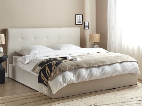 Seng med oppbevaring Beige Stoff Polyester 180 x 200 cm Sengegavl Oppbevaringsfunksjon Moderne design Soverom Dobbeltseng