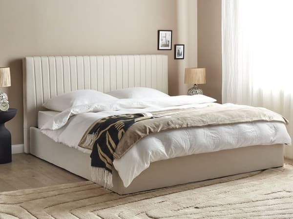 Seng Beige Polyester 180 x 200 cm Moderne To Mands Seng med Opbevaring Blød Sengegavl Dobbeltseng Sengeramme Retro Design