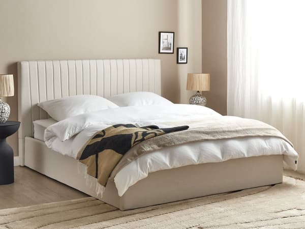 Seng Beige Polyester 160 x 200 cm Moderne To Mands Seng med Opbevaring Blød Sengegavl Dobbeltseng Sengeramme Retro Design