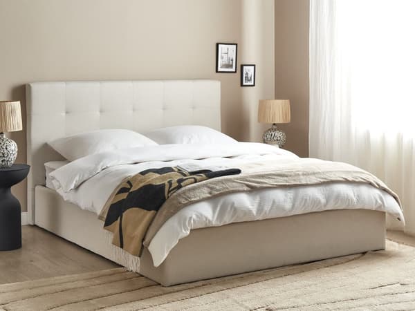 Seng Beige Stof 160 x 200 cm Moderne To Mands Seng med Opbevaring Blød Sengegavl Dobbeltseng Sengeramme Retro Design