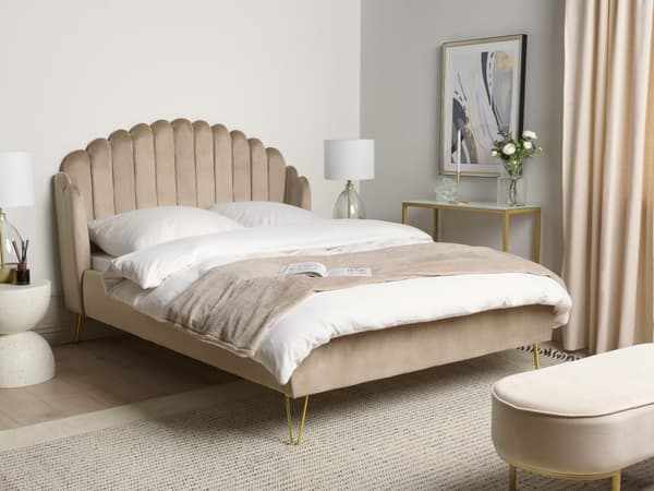 Seng Taupe Velour 140 x 200 cm Moderne Trekvart Seng Kanal Tuftet Sengegavl Halvandenmands 3 kvart Seng Retro Design Metalben