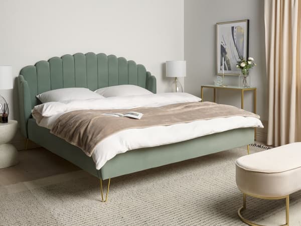 Seng Grøn Velour 180 x 200 cm Moderne To Mands Seng Kanal Tuftet Sengegavl Dobbeltseng Sengeramme Retro Design Metalben