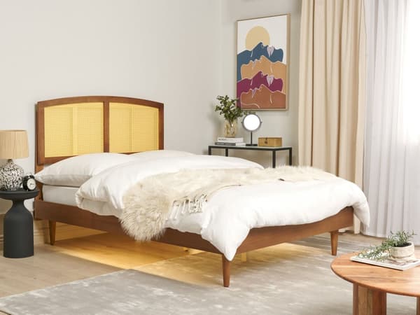 Seng Lys Gummitre Dobbelt størrelse med sengegavl LED-lys Lamellbunn Minimalistisk rustikk stil 140 x 200 cm