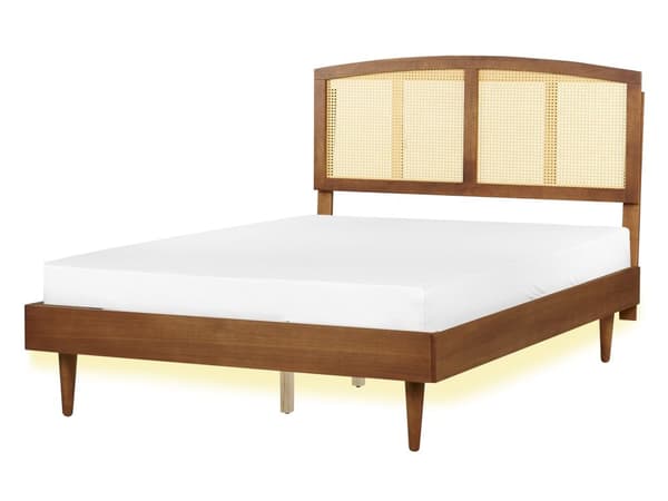 Seng Lys Gummitre Dobbelt størrelse med sengegavl LED-lys Lamellbunn Minimalistisk rustikk stil 140 x 200 cm