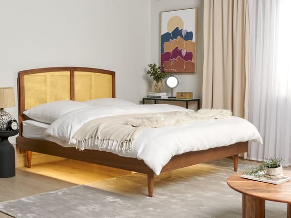 Seng Lys Gummitre Dobbelt størrelse med sengegavl LED-lys Lamellbunn Minimalistisk rustikk stil 160 x 200 cm