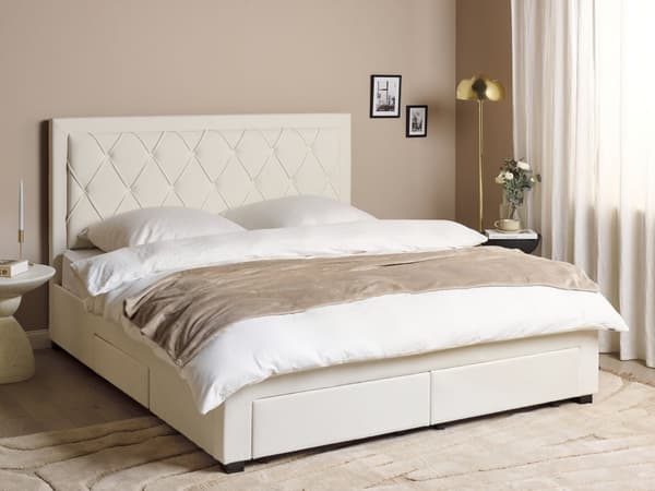 Dubbelsäng med Förvaring Krämbeige Sammetsklädsel 180 x 200 cm Tuftad Hög Sänggavel Lådor Glam Design