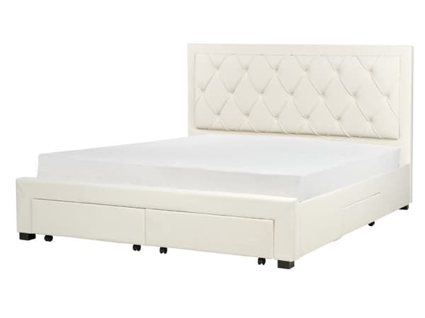 Dubbelsäng med Förvaring Krämbeige Sammetsklädsel 180 x 200 cm Tuftad Hög Sänggavel Lådor Glam Design