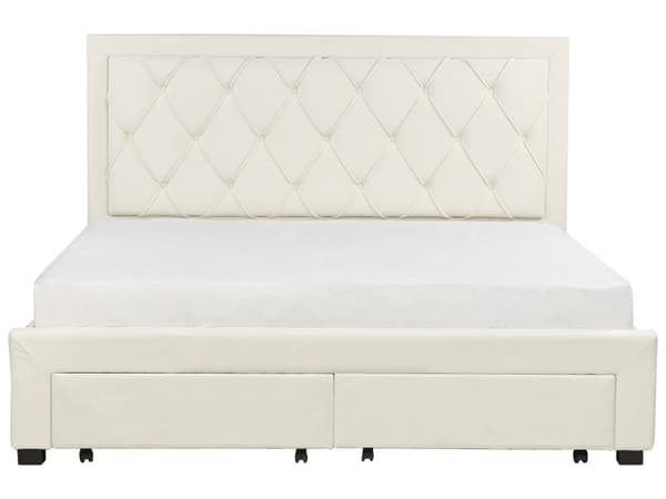 Dubbelsäng med Förvaring Krämbeige Sammetsklädsel 180 x 200 cm Tuftad Hög Sänggavel Lådor Glam Design