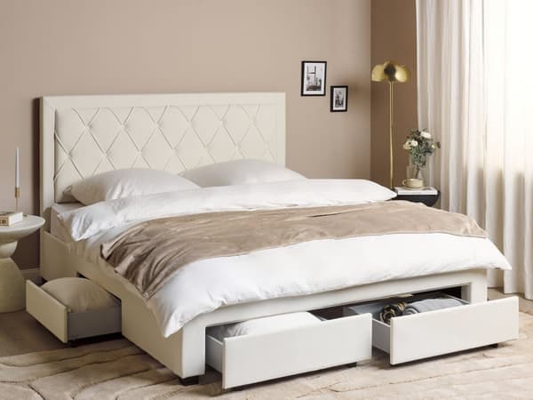 Dubbelsäng med Förvaring Krämbeige Sammetsklädsel 180 x 200 cm Tuftad Hög Sänggavel Lådor Glam Design
