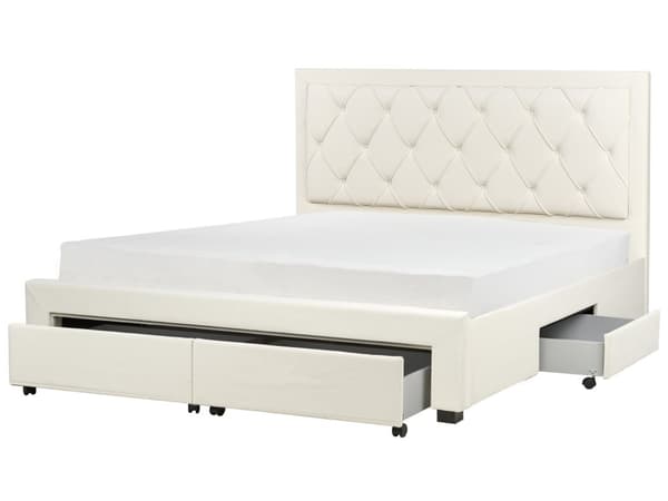Dubbelsäng med Förvaring Krämbeige Sammetsklädsel 180 x 200 cm Tuftad Hög Sänggavel Lådor Glam Design