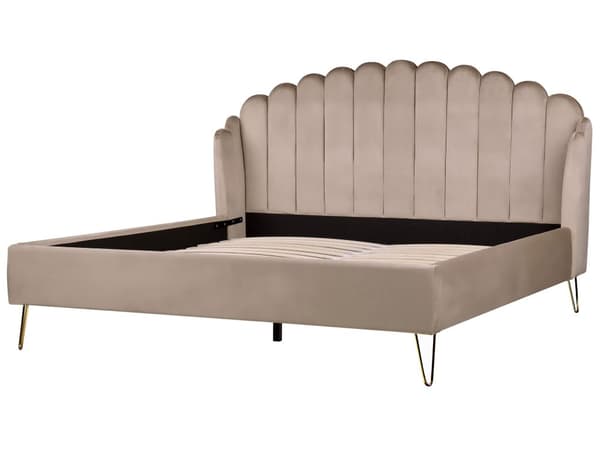 Dubbelsäng Sängram Taupe Sammetsklädsel 180 x 200 cm Metallben Retro Design Tuftad Sänggavel