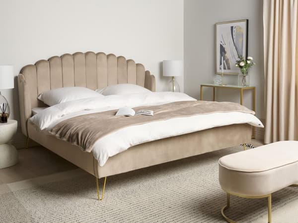 Dubbelsäng Sängram Taupe Sammetsklädsel 180 x 200 cm Metallben Retro Design Tuftad Sänggavel