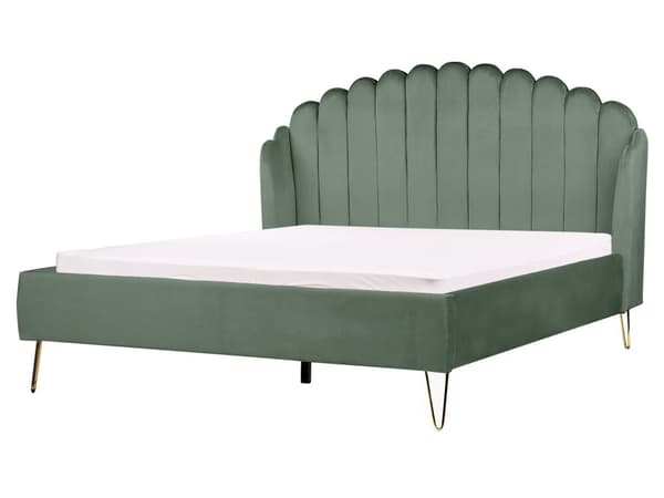 Dubbelsäng Sängram Grön Sammetsklädsel 160 x 200 cm Metallben Retro Design Tuftad Sänggavel