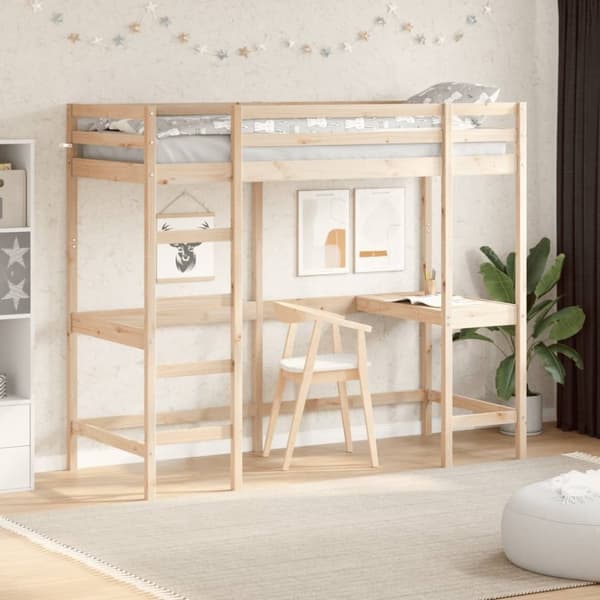 vidaXL højseng med skrivebord 75x190 cm massivt fyrretræ