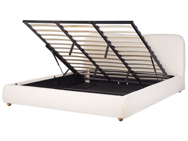 Seng Hvid Boucle 180 x 200 cm Moderne Seng med Opbevaring Blød Sengegavl Dobbeltseng Sengeramme Retro Design