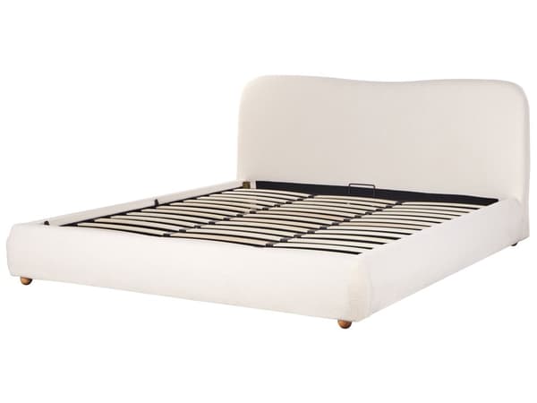 Seng Hvid Boucle 180 x 200 cm Moderne Seng med Opbevaring Blød Sengegavl Dobbeltseng Sengeramme Retro Design