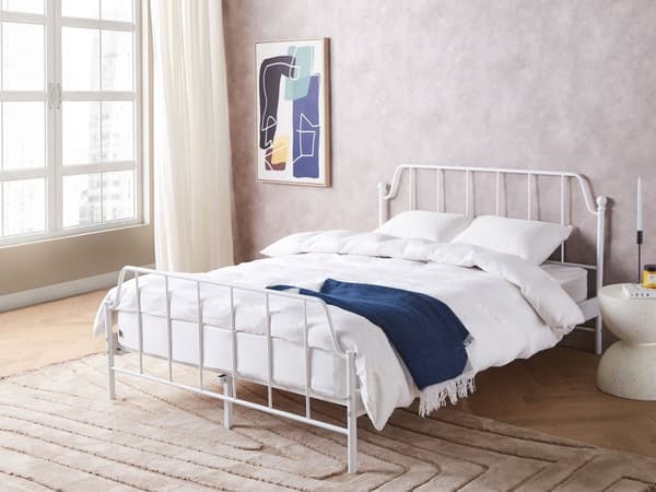 Seng Hvid Metal 140 x 200 cm Moderne Seng Blød Sengegavl Dobbeltseng Sengeramme Design