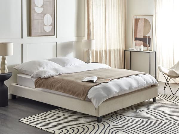 Seng Creme Hvid Boucle 160 x 200 cm Moderne Dobbeltseng uden Sengegavl To Mands Seng Minimalistisk Design