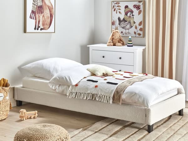Enkeltseng Creme Hvid Boucle 90 x 200 cm Design Sengeramme Enkeltmands Seng uden Sengegavl Juniorseng