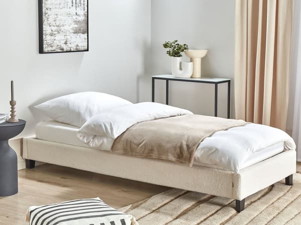 Enkeltseng Creme Hvid Boucle 90 x 200 cm Design Sengeramme Enkeltmands Seng uden Sengegavl Juniorseng