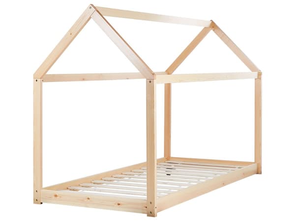 Barnsäng Ljust Furuträ Enkelstorlek 90 x 200 cm med Spjälram Säng för Småbarn Husformad Barnrum Sovrum