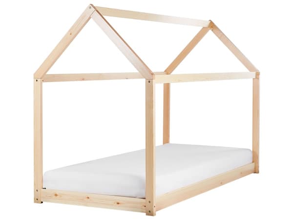 Barnsäng Ljust Furuträ Enkelstorlek 90 x 200 cm med Spjälram Säng för Småbarn Husformad Barnrum Sovrum