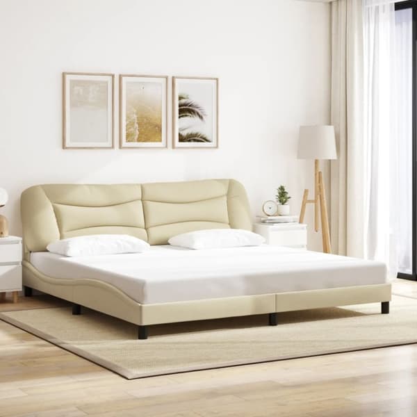 vidaXL Sängram med huvudgavel gräddvit 200x200 cm tyg