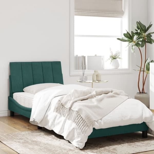 vidaXL Sängram med LED-belysning mörkgrön 90x190 cm sammet