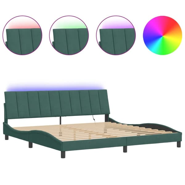 vidaXL sengeramme med LED-lys 200x200 cm velour mørkegrøn