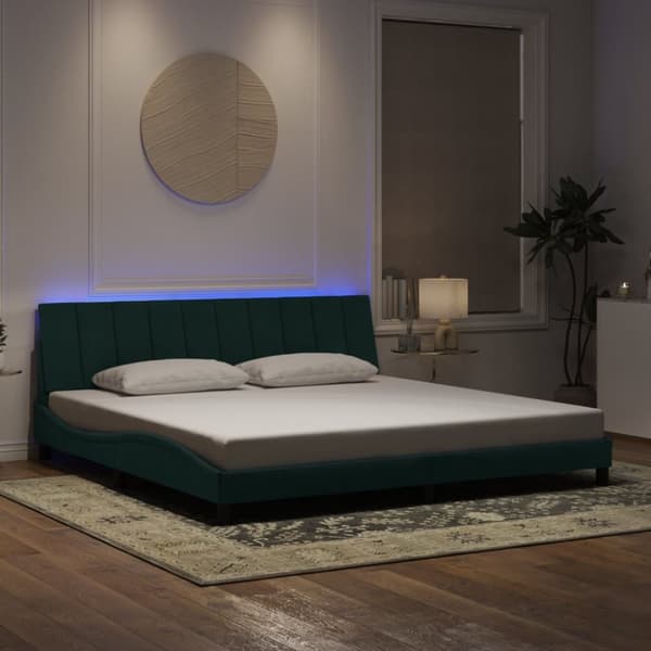 vidaXL sengeramme med LED-lys 200x200 cm velour mørkegrøn