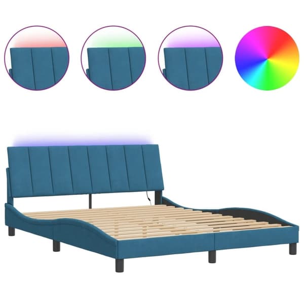vidaXL Sängram med LED-belysning blå 200x200 cm sammet