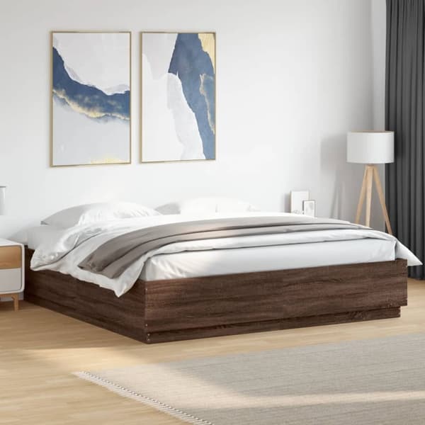 vidaXL sengeramme med LED-lys 200x200 cm konstrueret træ brunt eg