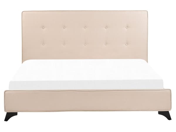 En beige polstret seng 160 x 200 cm med en ramme og en sengegavl med dekorative knapper
