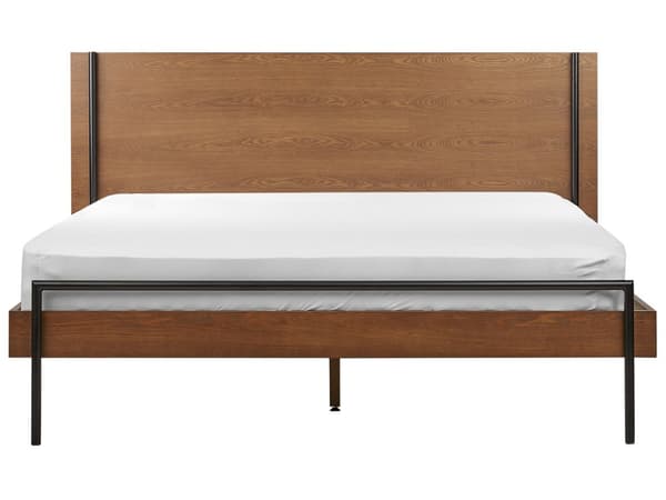 Sänky tumma puu MDF-levy 160 x 200 cm sängynpääty sälepohja mustat metallijalat