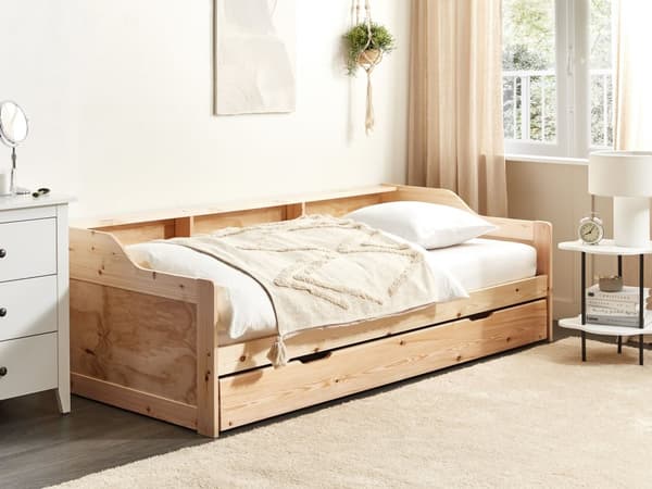Daybed Dagseng Hvit furu med spileramme 90 x 200 cm 3 hyller Uttrekkbar seng for 2 personer Moderne skandinavisk gjesterom Barnerom Ungdomsrom