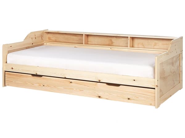 Daybed Dagseng Hvit furu med spileramme 90 x 200 cm 3 hyller Uttrekkbar seng for 2 personer Moderne skandinavisk gjesterom Barnerom Ungdomsrom