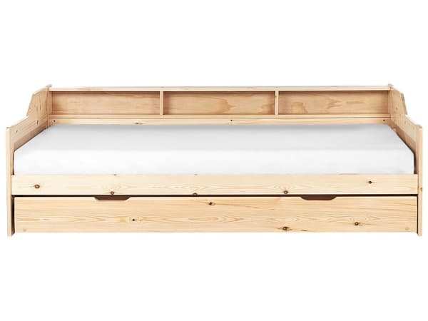Daybed Dagseng Hvit furu med spileramme 90 x 200 cm 3 hyller Uttrekkbar seng for 2 personer Moderne skandinavisk gjesterom Barnerom Ungdomsrom