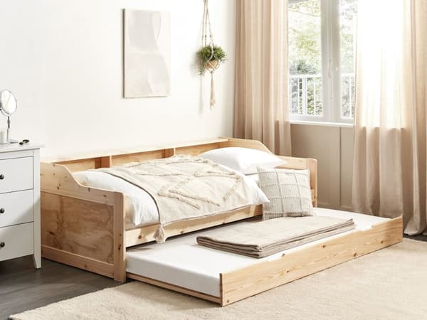 Daybed Dagseng Hvit furu med spileramme 90 x 200 cm 3 hyller Uttrekkbar seng for 2 personer Moderne skandinavisk gjesterom Barnerom Ungdomsrom