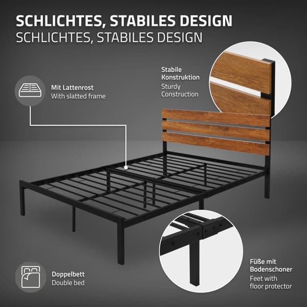 Metalseng Sengeramme med lamelbund 140x200 cm sort/brun med hovedgærde og fodgærde i træ ML-design