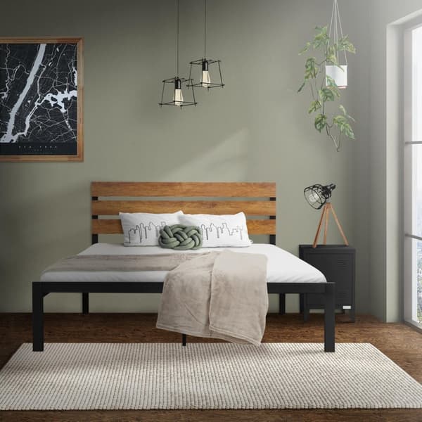 Metalseng Sengeramme med lamelbund 140x200 cm sort/brun med hovedgærde og fodgærde i træ ML-design