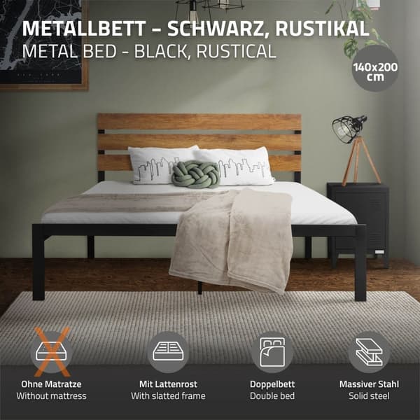 Metalseng Sengeramme med lamelbund 140x200 cm sort/brun med hovedgærde og fodgærde i træ ML-design