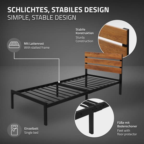 Metalseng Sengeramme med lamelbund 90x200 cm sort/brun med hovedgærde og fodgærde i træ ML-design