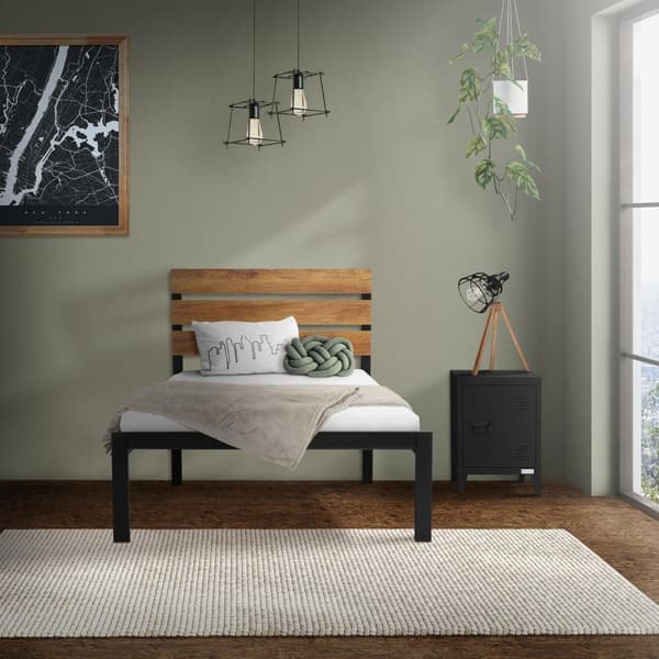 Metalseng Sengeramme med lamelbund 90x200 cm sort/brun med hovedgærde og fodgærde i træ ML-design