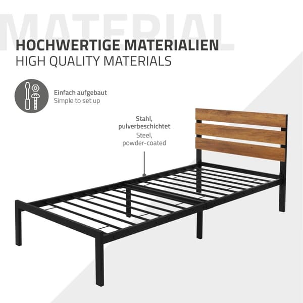 Metallisänky 90x200 cm musta/ruskea, jossa on ristikkorunko ja patja, jossa on puinen pääty ja jalkataso ML design
