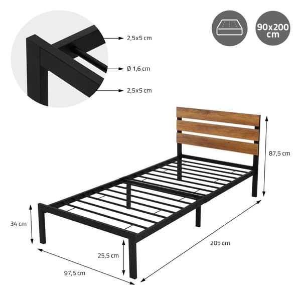 Metallisänky 90x200 cm musta/ruskea, jossa on ristikkorunko ja patja, jossa on puinen pääty ja jalkataso ML design