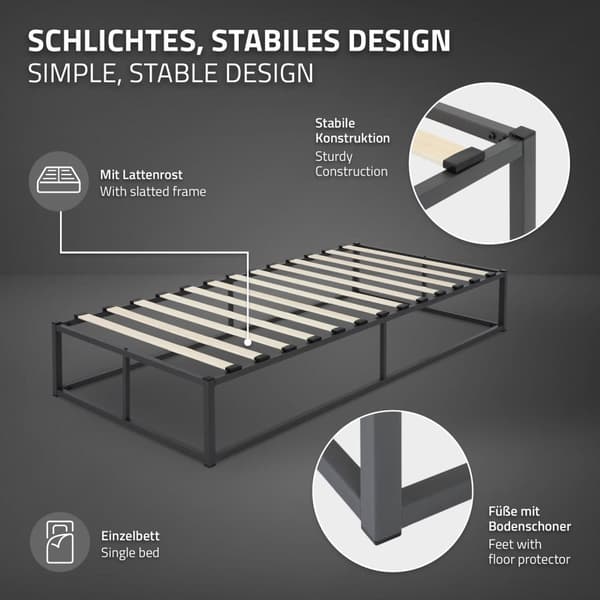 ML-Design metallsäng 90x200 cm på stålram med madrass H:16cm, lamellram, antracit, sängram av metall, robust, säng för barnrum, ungdomssäng, gästsäng