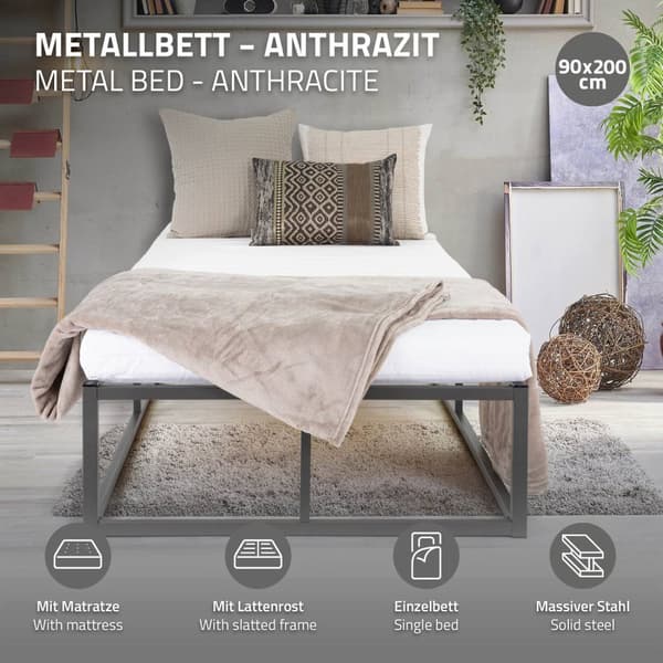 ML-Design metallsäng 90x200 cm på stålram med madrass H:16cm, lamellram, antracit, sängram av metall, robust, säng för barnrum, ungdomssäng, gästsäng